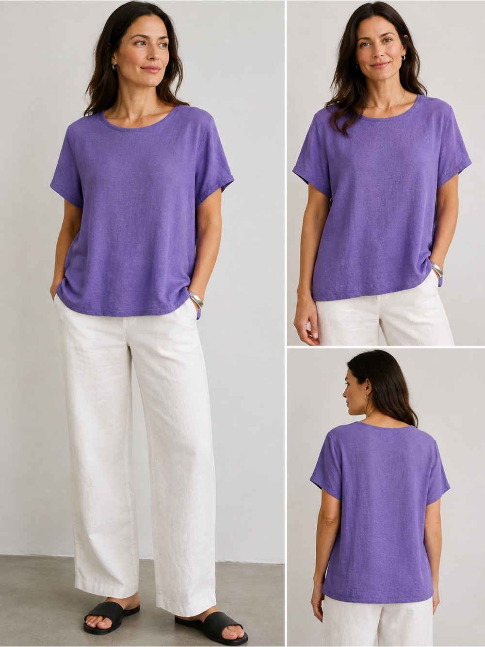 Eileen Fisher 100% Linen Tee Purple, Size XL Lightweight Coastal Flowy Vacation
